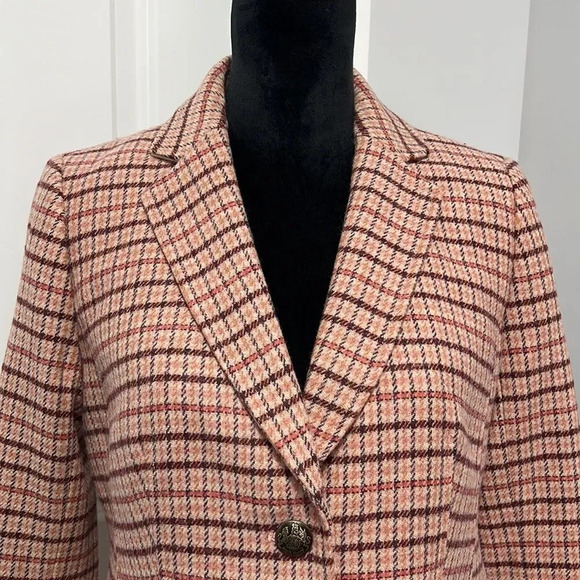 TALBOTS WOMENS PINK WOOL PLAID LONG SLEEVE SINGLE BREAST 2 BUTTON BLAZER SIZE 6 - Picture 2 of 8